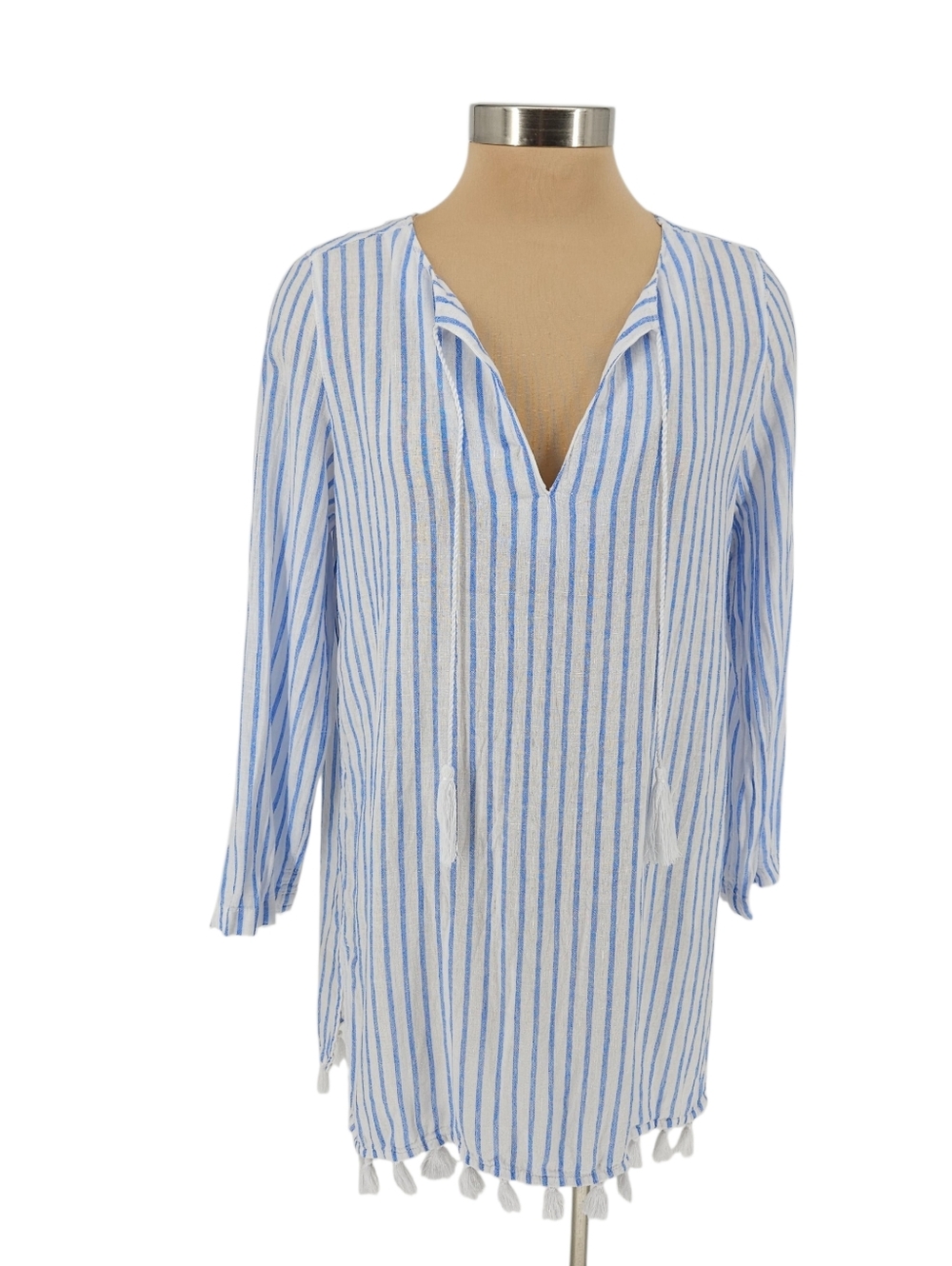 Rachel Zoe Beach Tunic Shirt Linen White Stripe Long Sleeve V Neck Tassel Top